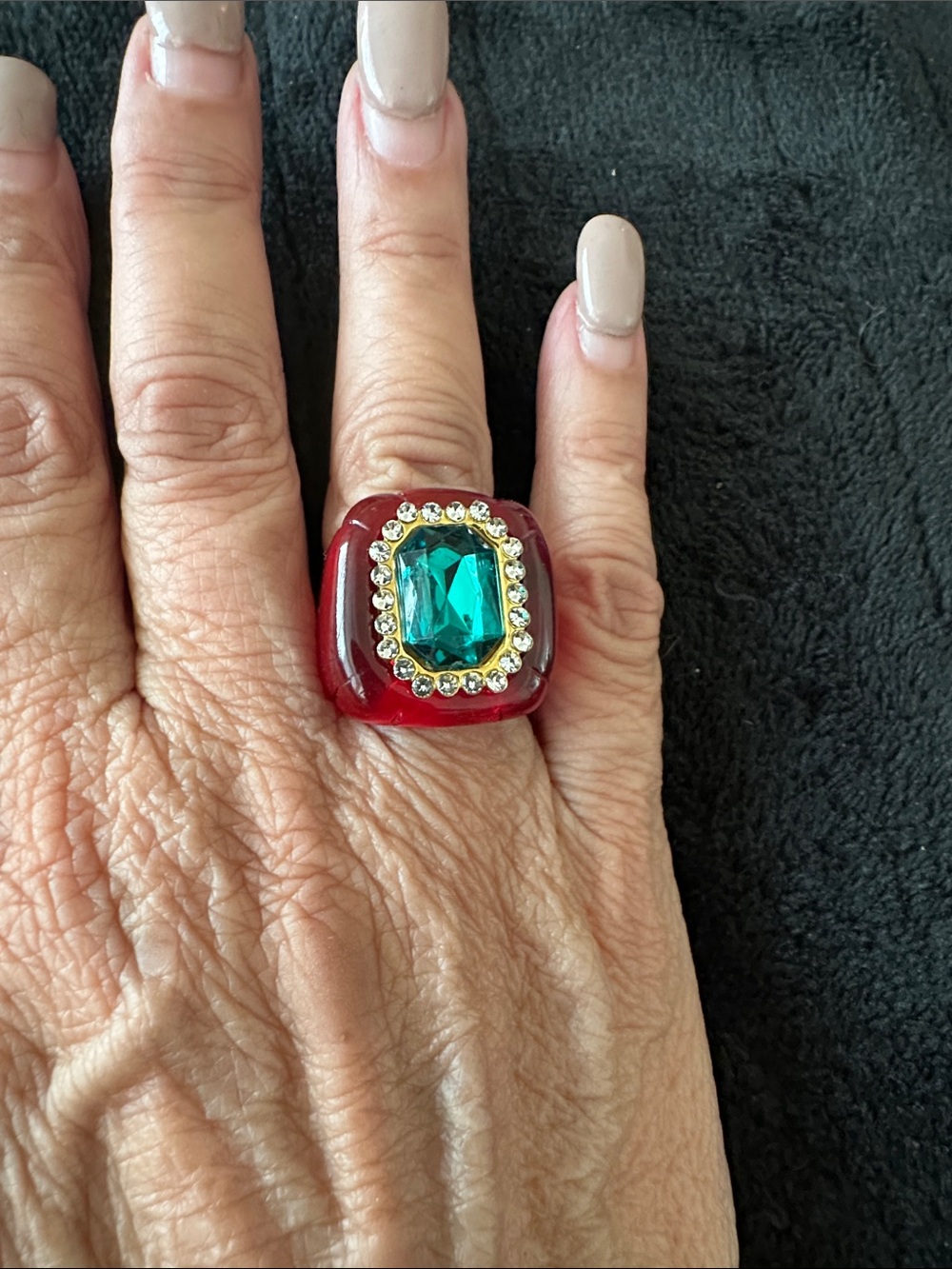 Red Bubble Style Statement Ring with Emerald Center and Crystal Halo